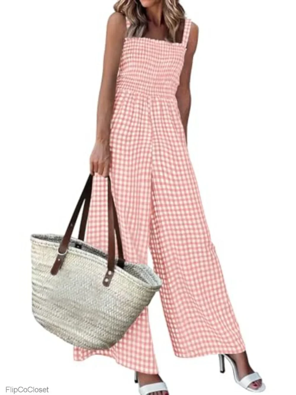 Womens Jumpsuit Summer Wide Leg Gingham Romper Square Neck Sleeveless Smocked